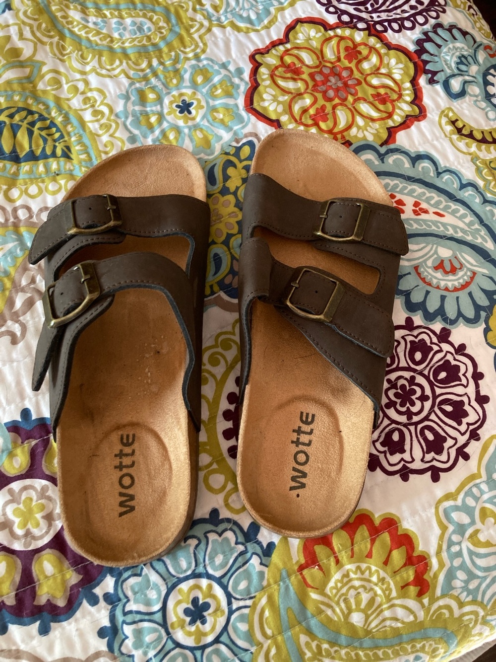 Women's Brown Double-Buckle Slide Sandals